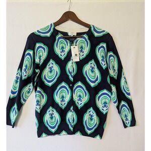 Crown & Ivy Cardigan Sweater Size MP Blue Green Peacock Print Button Front New‎